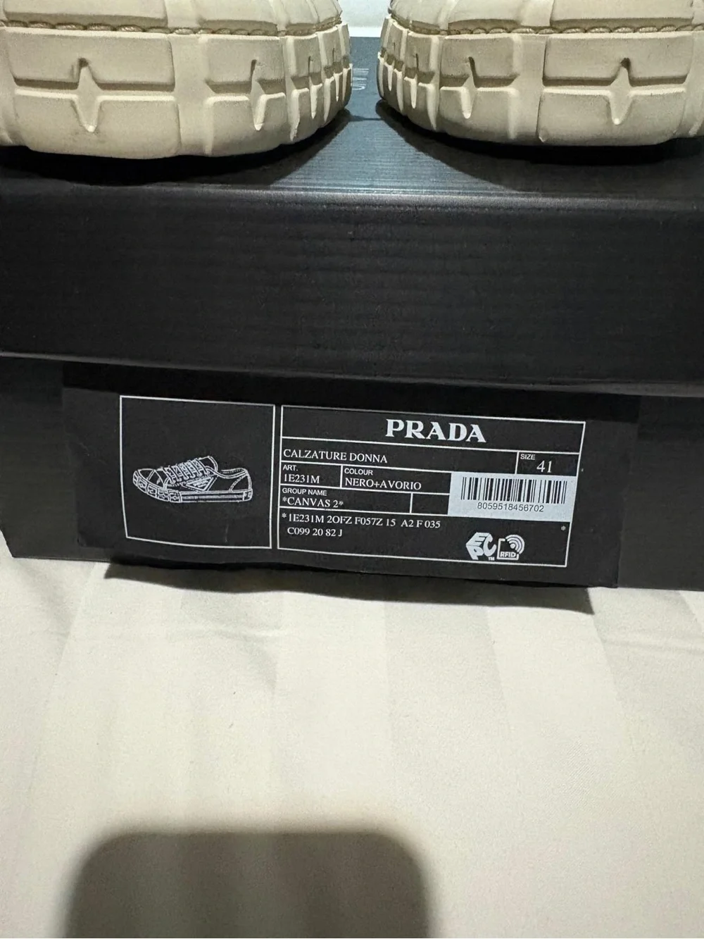 Prada Black Canvas Low-Top Sneakers with Cream Rubber Toe and Sole